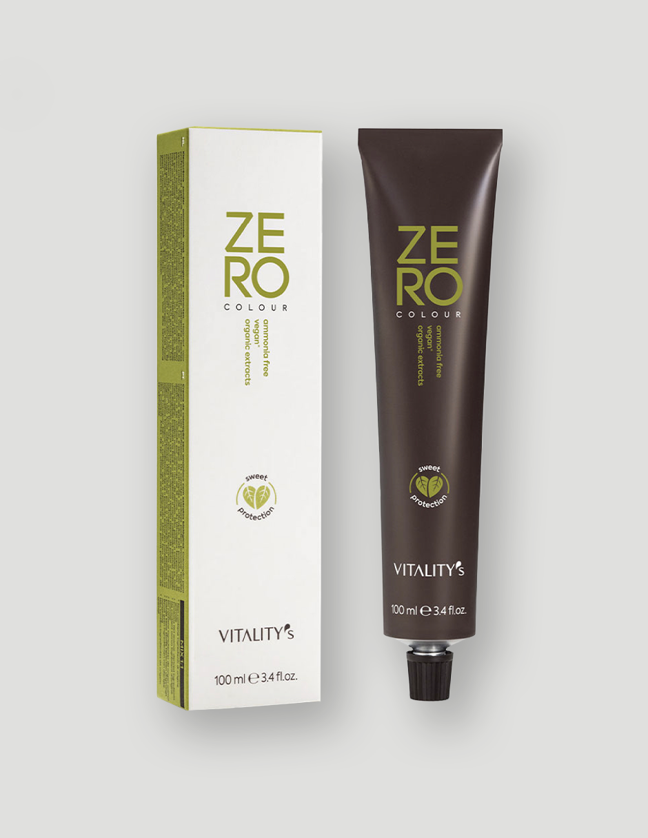 La gamme Zero Colour de Vitality's est une coloration d'oxydation professionnelle sans ammoniaque et vegan, conçue pour offrir une couverture parfaite des cheveux blancs tout en respectant la fibre capillaire et le cuir chevelu