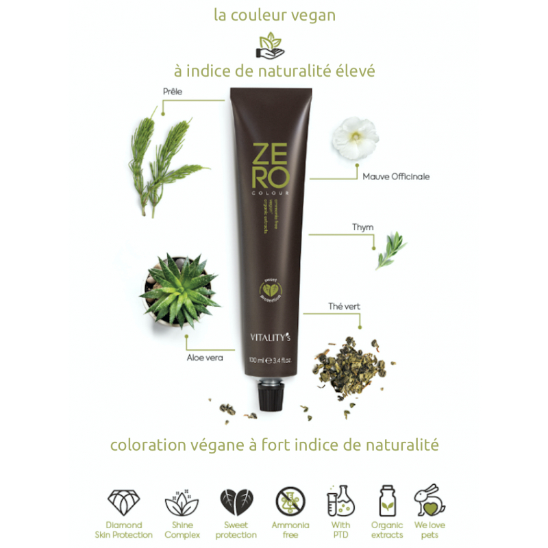 La gamme Zero Colour de Vitality's est une coloration professionnelle vegan et sans ammoniaque, formulée avec plus de 80 % d'ingrédients naturels (aloé vera, thé vert, mauve, thym et prêle) pour protéger le cuir chevelu tout en offrant une brillance intense.