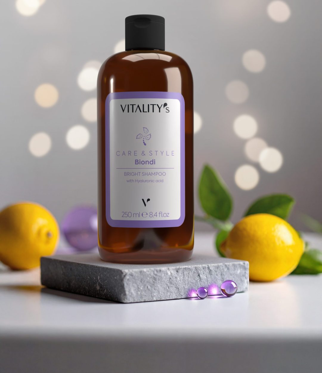 Bright Shampoo de la gamme Care & Style Biondi de Vitality's, un soin professionnel pour cheveux blonds.