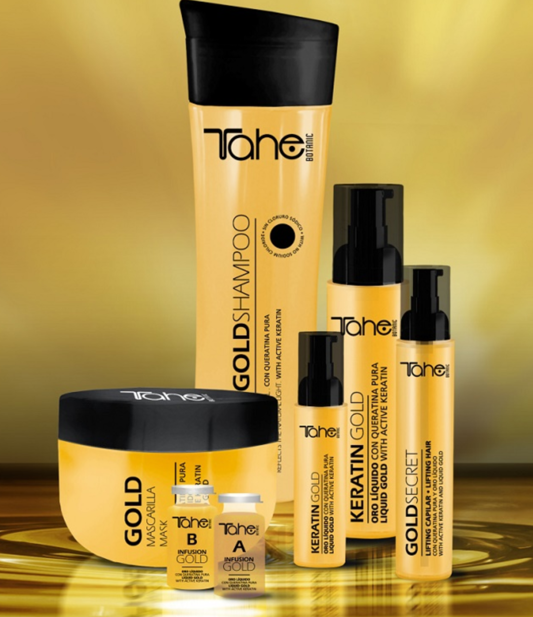 La gamme Botanic Gold à la kératine pure et à l'or liquide. Du shampooing au sérum, chaque produit nourrit, répare et sublime les cheveux pour une brillance éclatante.